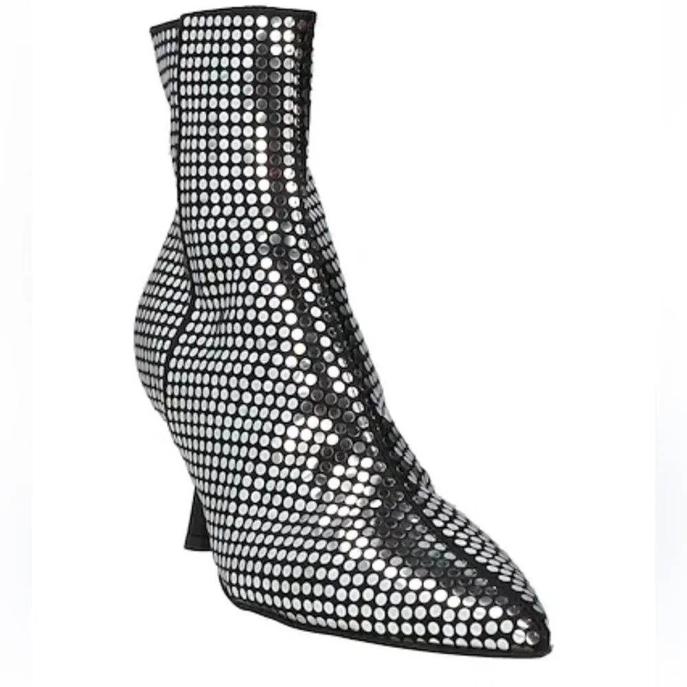 NEW AGL Black Sequins Silver Leather Pointed Toe Side Zip Ankle Boots 40 US 9